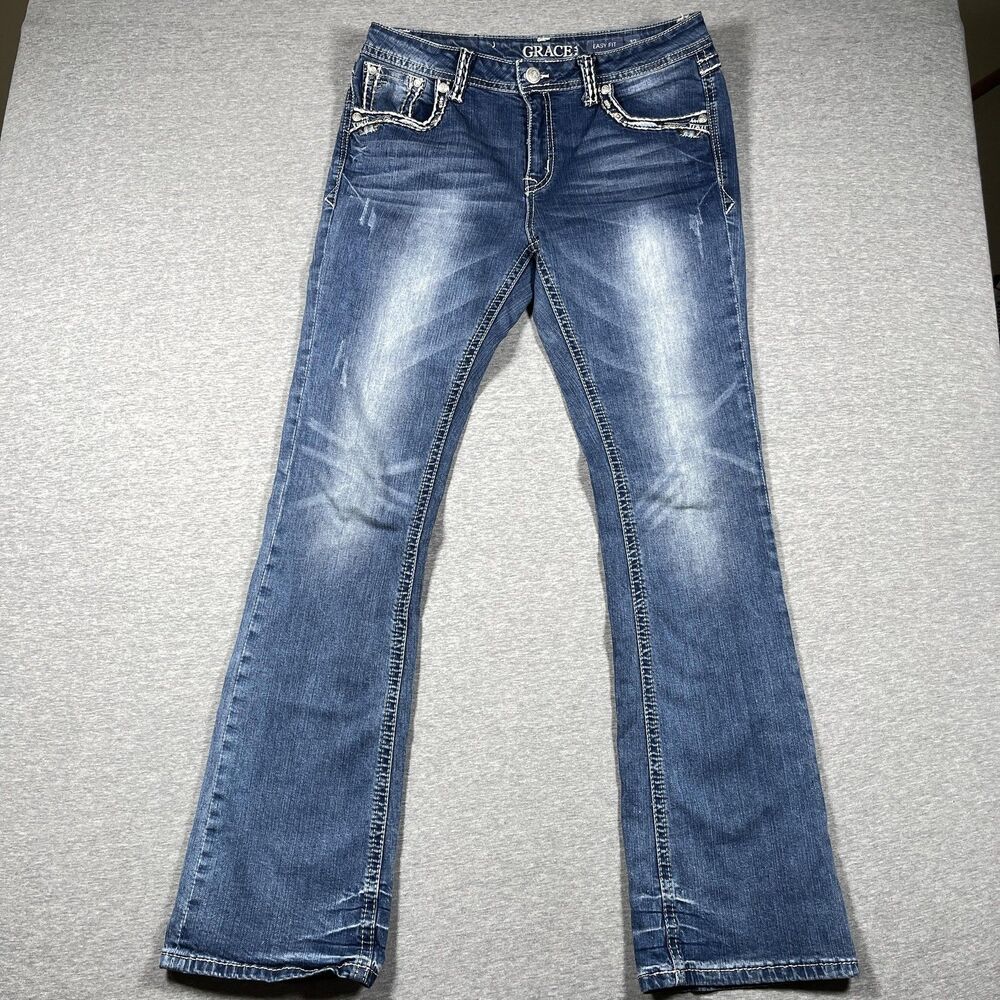 Grace In LA Jeans Womens 32 Blue Bootcut Mid Rise Studded Fringe Distressed